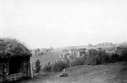 Grend med gårdsbruk i klynger, ukjent sted. Gutt sitter på b