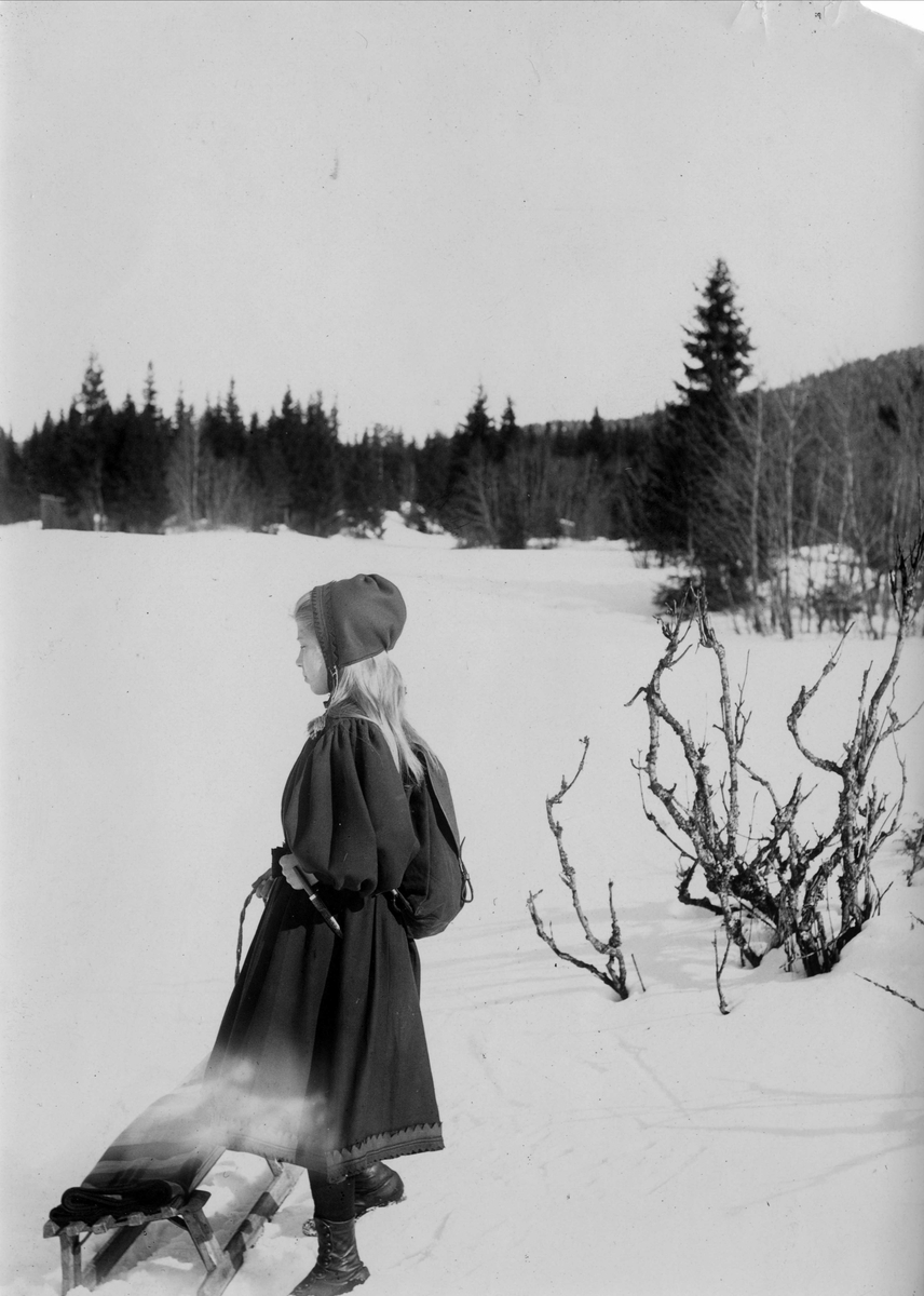Pike med kjelke i vinterlandskap, ukjent sted.
Serie tatt av Robert Collett (1842-1913), amatørfotograf og professor i zoologi. 