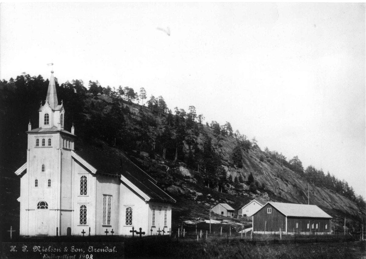 Vegusdal kirke, Birkenes, Aust-Agder, ca. 1908. Kirken oppført 1867.