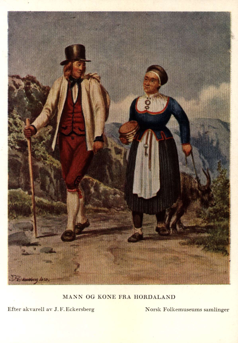 Postkort utgitt av Norsk Folkemuseum. Etter draktakvareller fra  JF Eckersberg. Mann og kone fra Hordaland.