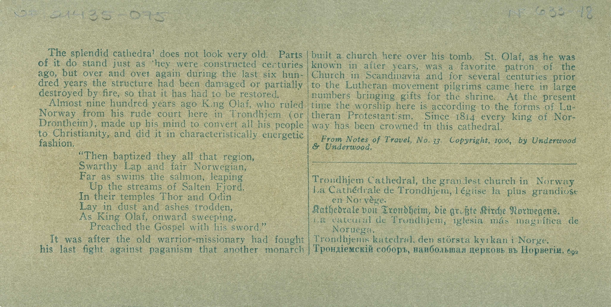 Stereoskopi. Nidarosdomen, Trondheim, Sør-Trøndelag. Parti fra kirkegården i forgrunnen.