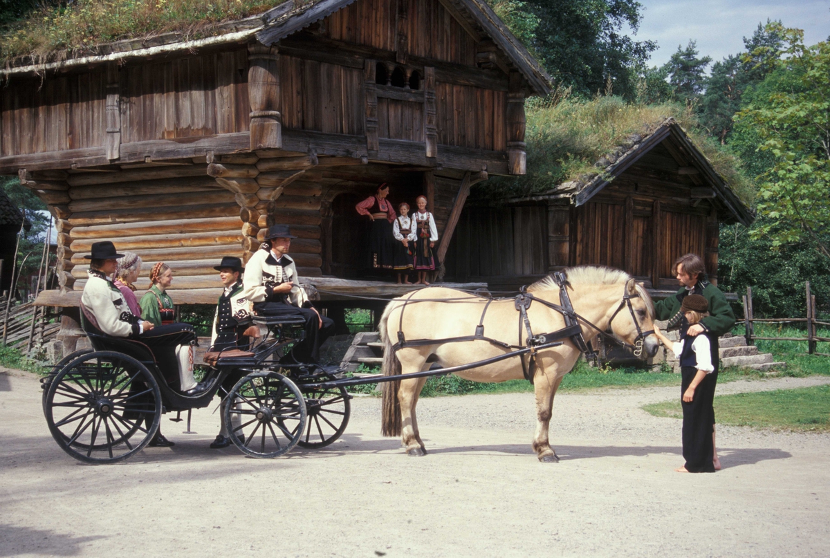 Verter i drakter på Telemarkstunet, Norsk Folkemuseum. Hest og vogn foran Tveitoloftet,bygning nummer 133.