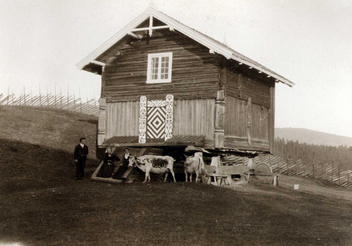 Bur fra ca. 1800, Skoje, Sauland, Hjartdal, Telemark. En mann og to kvinner ved trappen. Fotografert 1907.