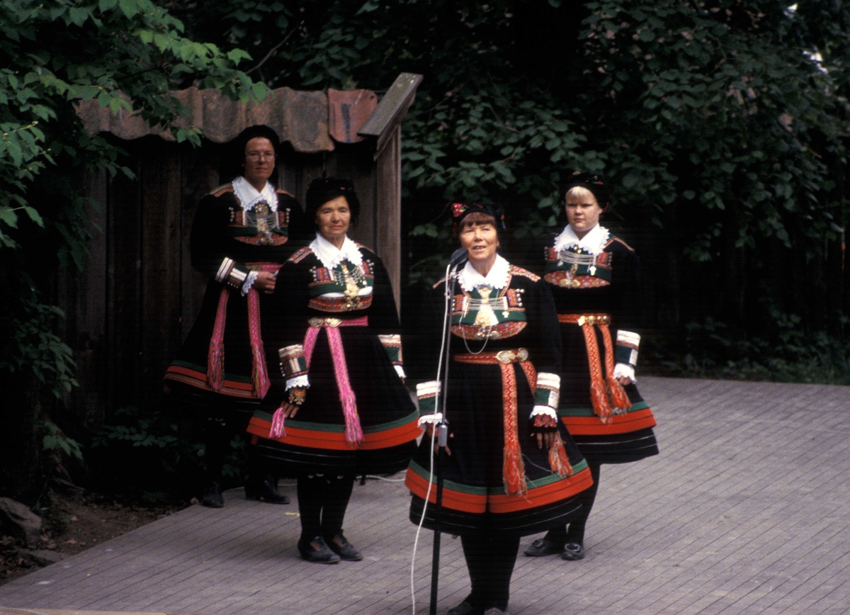 Fra Setesdalsuka,  på Norsk Folkemuseum, fra  6.-12. juni i jubileumsåret 1994.
Her ser vi fire damer, på scenen på Friluftsteateret, bygning nr.349, kledd i drakt fra Setesdal