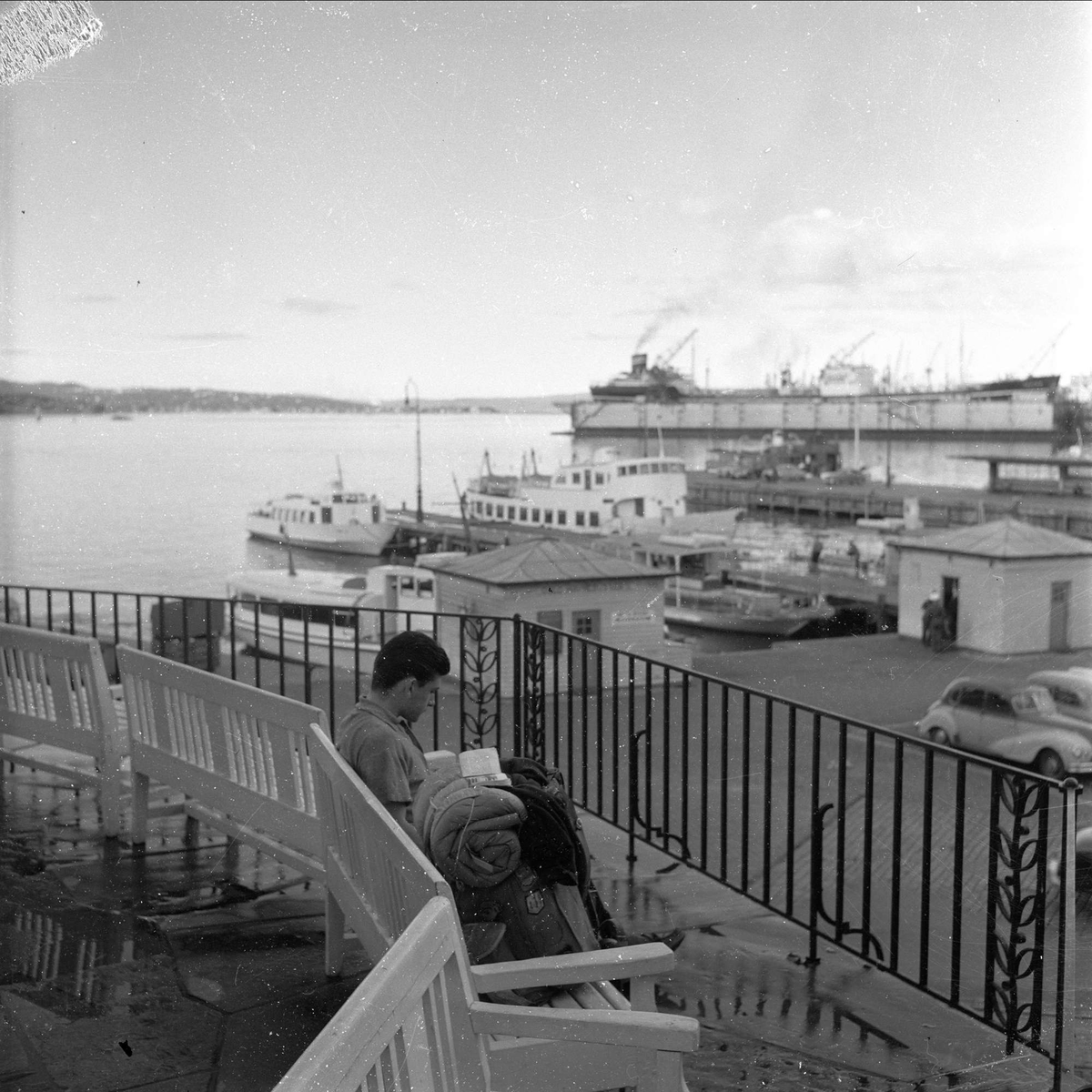 Bybilde, Oslos sjøside, fra Skansen, utsikt over Oslo havn , Oslo, 02.08.1958.