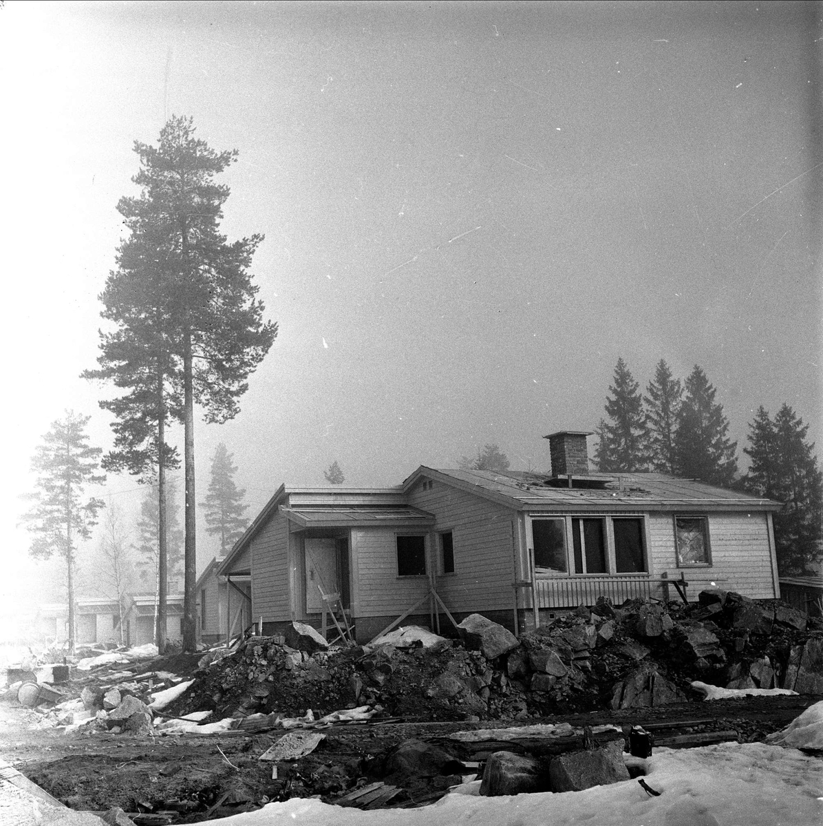 Hus i skogholt, ukjent sted, mars, 1959.