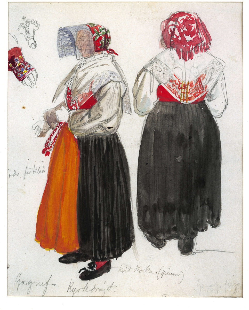 Folkdräkt, kvinna. "Kyrkdrägt". Gagnef socken, Dalarna.  Akvarellerad teckning av J.W.Wallander, 1857