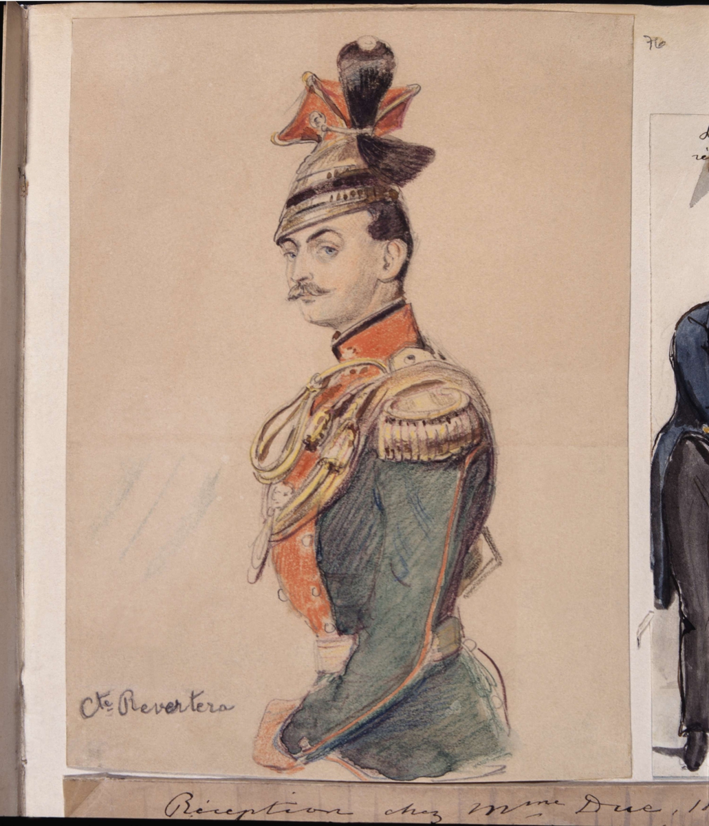 "Cte Revertera". Porträtt av man i uniform och s k lansiärmössa. Teckning av Fritz von Dardel.