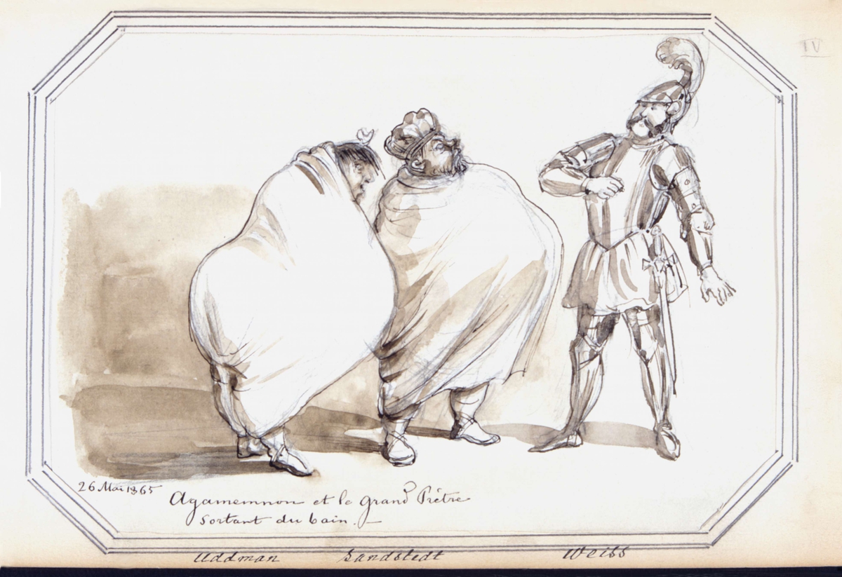 "Agamemnon et le grand prêtre sortant du bain. Uddman, Sandstedt, Weiss." Akvarell av Fritz von Dardel, 26 maj 1865.