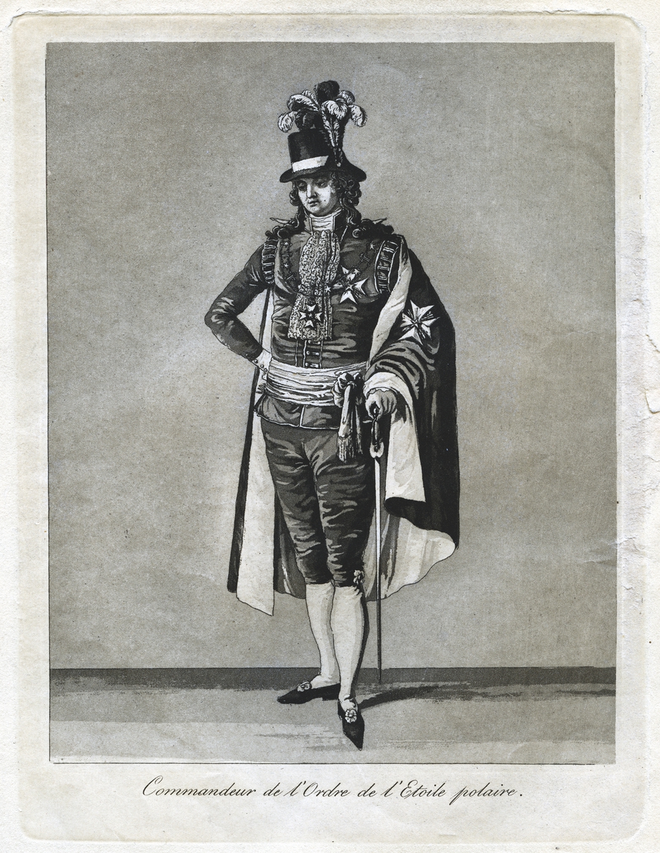 "Commandeur de l'Ordre de l'Etoile polaire." Dräkt för kommendör av Nordstjärneorden. Akvatint trol. av J A Aleander, 1780-tal.