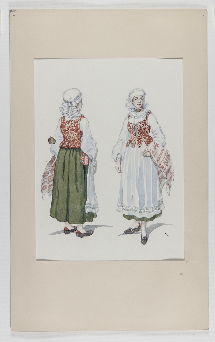 Högtidsdräkt, kvinnodräkt,  Gotland. Teckning av Emelie von Walterstorff.