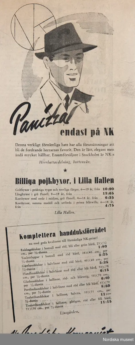 Ur NK:s annonsliggare  9/4 1941-15/10 1942. Reklam förr herrhattar ”Panizza” m.m. "endast på NK". Teckning föreställande man iklädd hatt