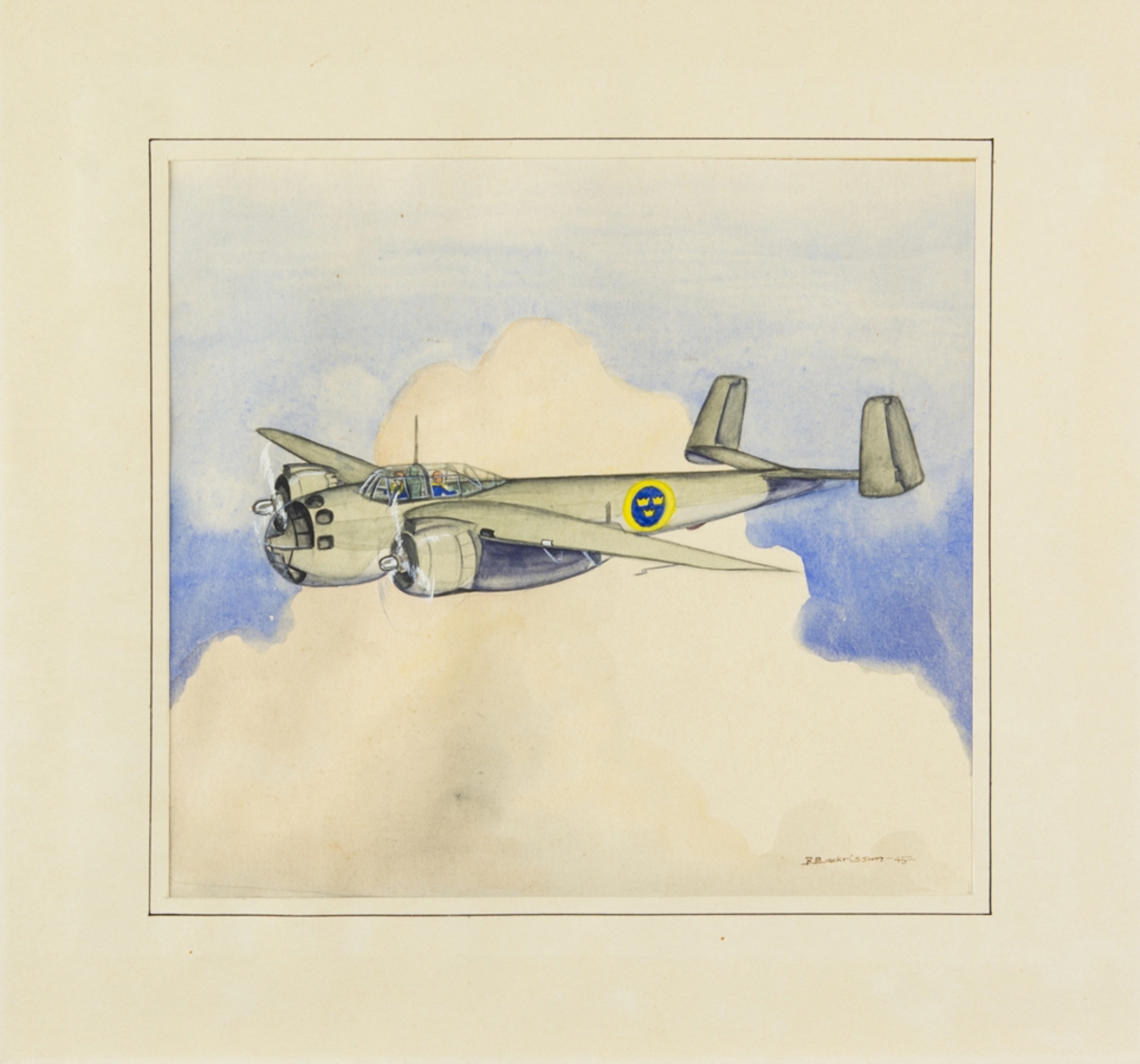 Akvarellmålning föreställande flygande B18A. Signerad B.Zackrisson -45, i nedre högra hörnet Passpartout.Löst bakstycke.