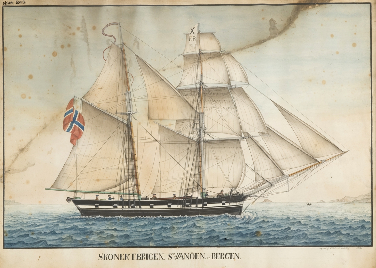 Skonnertbrigg 'Swanøen' af Bergen Rent norsk flagg. På fortoppen X og 83 under 