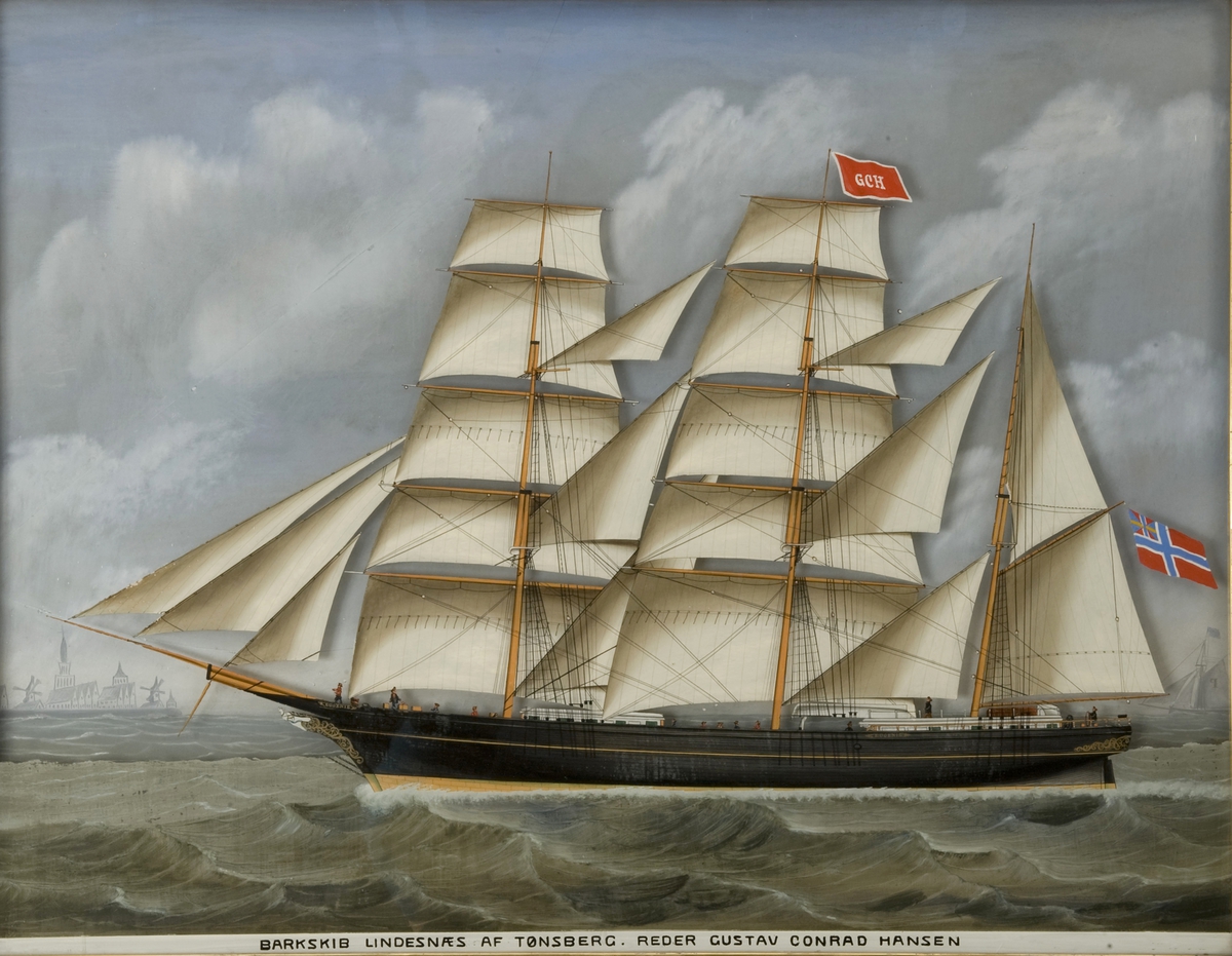 Barkskibet 'Lindesnæs' af Tønsberg. Skipet og sjøen er malt på ytterste plate. Bakgrunnen, trolig Antwerpen og en slupp er malt på bakerst. På navnebrettene: 'Eugenie'