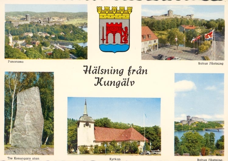 Tryckt text på ortet: "Hälsning från Kungälv".
"Panorama, Bohus Fästning, Tre kungars sten, Kyrkan".