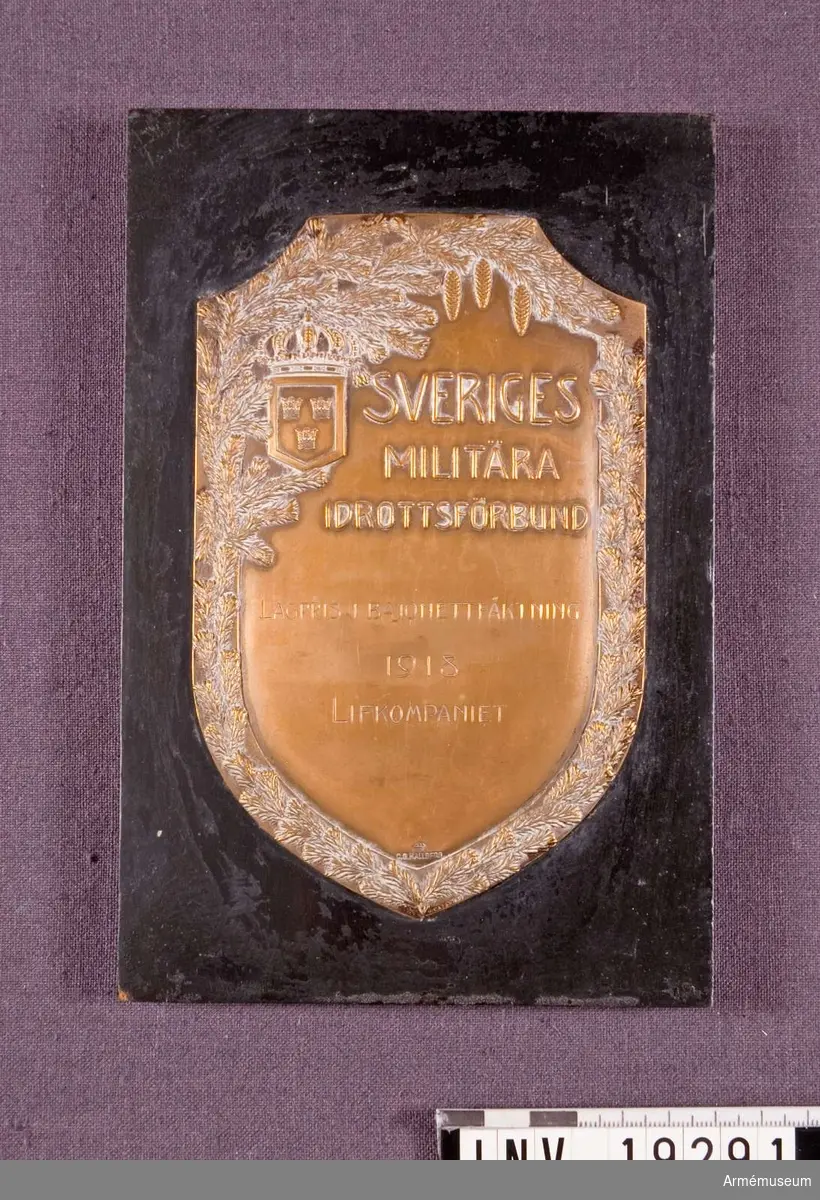 Plakett i brons med text: "SVERIGES MILITÄRA IDROTTSFÖRBUND LAGPRIS I BAJONETTFÄKTNING 1918 LIFKONPANIET". Plaketten fästad på svart lackerad träplatta.