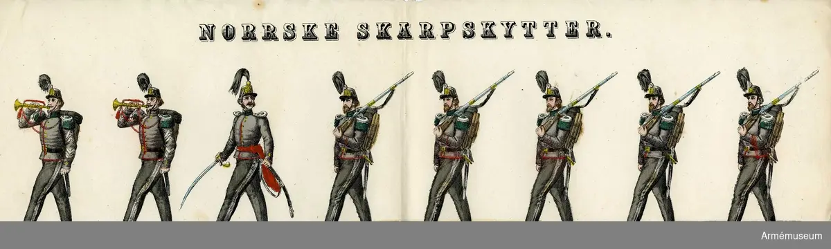 Grupp M I.
Kolorerad litografi föreställande "Norska Skarpskytter". 4 st blad med 8 figurer på varje. H. Lederer i Stockholm (1860-69). 