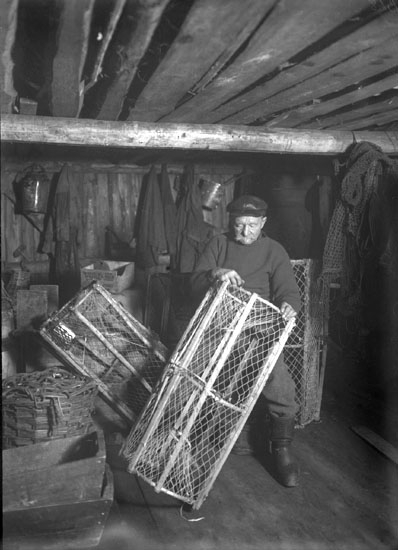 Mars 1924. Fiskaren Samuel Frisk i sjöboden med hummertinor.