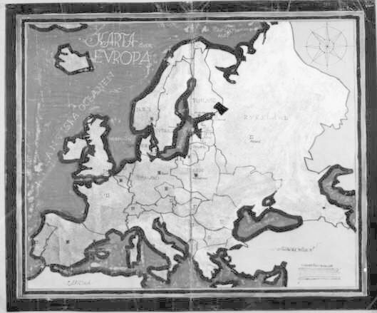Skiss till karta över Europa 1938, gjord av Jerk Werkmäster,Stockholm i februari 1938. Handritad och färglagd. Plansch.