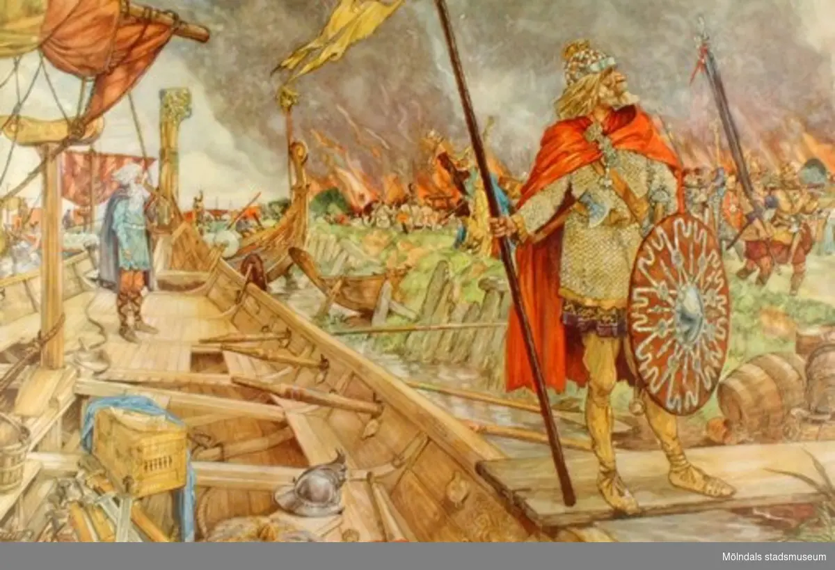 :1: Vikingar gör strandhugg.:2: Korstågsriddare.:3: Hamnen i en hamnstad.:4: Medeltidsstad.:5: Gatuliv under medeltiden.:6: Från 30-åriga kriget.:7: Flotta på 1600-talet.