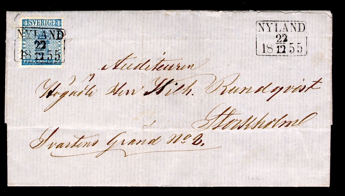 Frankerat brev, inrikes avsänt från Nyland i Ångermanland 22 november 1855 till Stockholm. Frankerat med 4 Skilling Banco.

Stämpeltyp: Normalstämpel 7