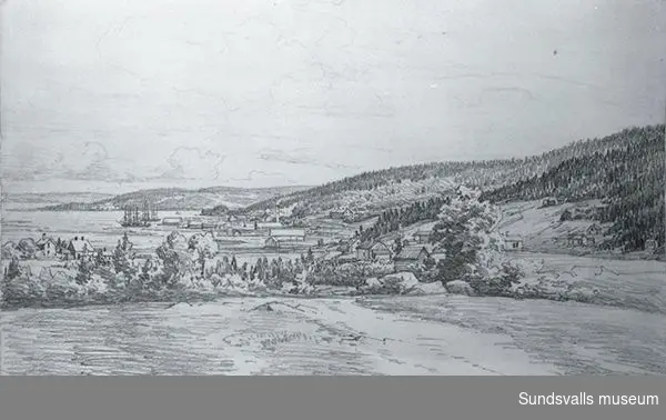 Teckning av Jakob Bünsow 1870-talet. Vy över Skönvik.