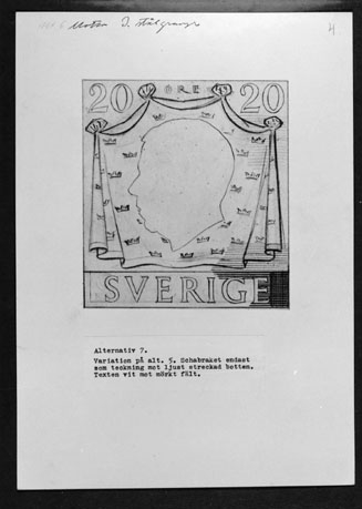 Bidrag till 1951 års tävling om ny frimärkstyp med Gustaf VI Adolfs porträtt. Konstnär: Mark Sylwan, med motto: "I stålgravyr". Alternativ 7. Blyerts.