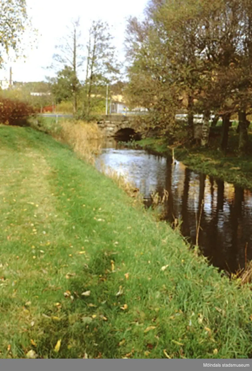 Balltorpsbäcken (som flyter ihop med Mölndalsån i centrum) norr om valvbron i Åbro, oktober 1993.