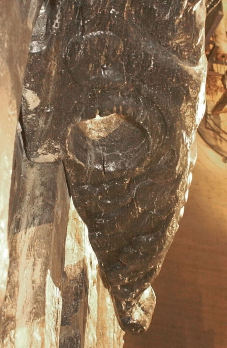 Skulptur i form av en slätrakad herm med öppen mun och stor, bred näsa.
På hjässan sitter ett djurhuvud troligtvis föreställande ett lejon. Armar är ersatta av upprullade bladslingor. Hermens nederdel är formad till ett fodralliknande "hölje" prytt med bladslingor. Ornamentiken är av organisk karaktär med större och mindre, elegant formade bladslingor. Nedtill är "höljet" upprullat till en vulst. Sedd från sidan är hermen avsmalnande nedtill.
Baksidan, som har utgjort anliggningsyta, är försedd med ett antal stora urtag i höjd med hermens hjässa, bröstparti samt från midjan och nedåt. I midjehöjd återfinns även ett högsmalt urtag utmed baksidans ena hälft. Strax nedanför midjan går sidledes ett stort hål tvärs igenom skulpturen.
Skulpturen är delvis kraftigt sliten och finare detaljer i utförande har därför gått förlorade.

Text in English: Sculpture in the form of a clean-shaven Herm with open mouth and large, broad nose.
On top of his head is the head of an animal, possibly a lion. The arms have been replaced by strands of rolled-up leaves. The lower part of the Herm is sheathed in a "cover", decorated with leaf strands. The bottom of the "cover" is rolled up into a torus. Its ornamentation is of a pronounced organic character, with larger and smaller chains or festoons of leaves. Seen in profile, the Herm tapers downwards.
The back, also the attachment surface, has a number of large cut-out holes on the same level as the Herm''s head, chest, waist and further down. At one side of the back of the waist there is also a narrow vertical groove. Just below the waist, a large hole passes through the Herm.
The sculpture is very worn in places and any finer details have been lost.