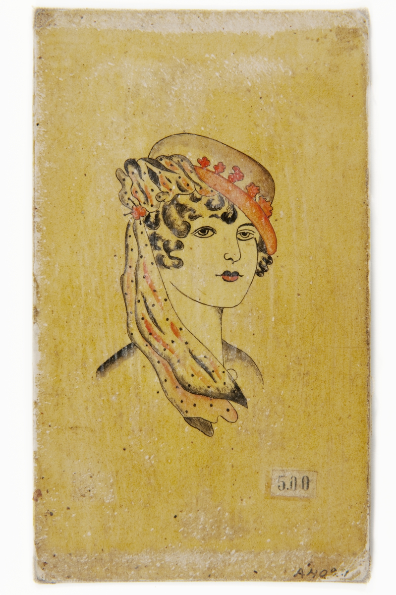 Tatueringsförlaga. Porträtt av en kvinna i en hatt med rött brätte och prickig slöja över axeln.