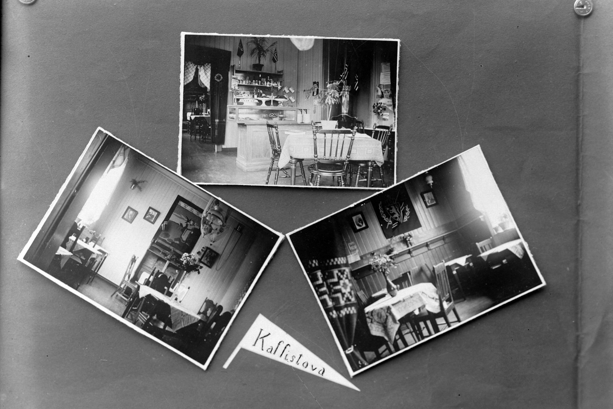 Reproduksjon av tre fotografier av Kaffistova. Alle tre viser bord og stoler i kaféen.
