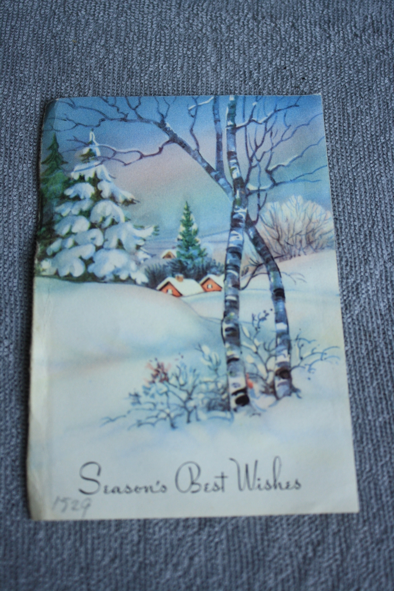 Truleg halvdel av eit julekort med vitermotiv og engelsk tekst, brukt som bokmerke i bok KSF.011039.