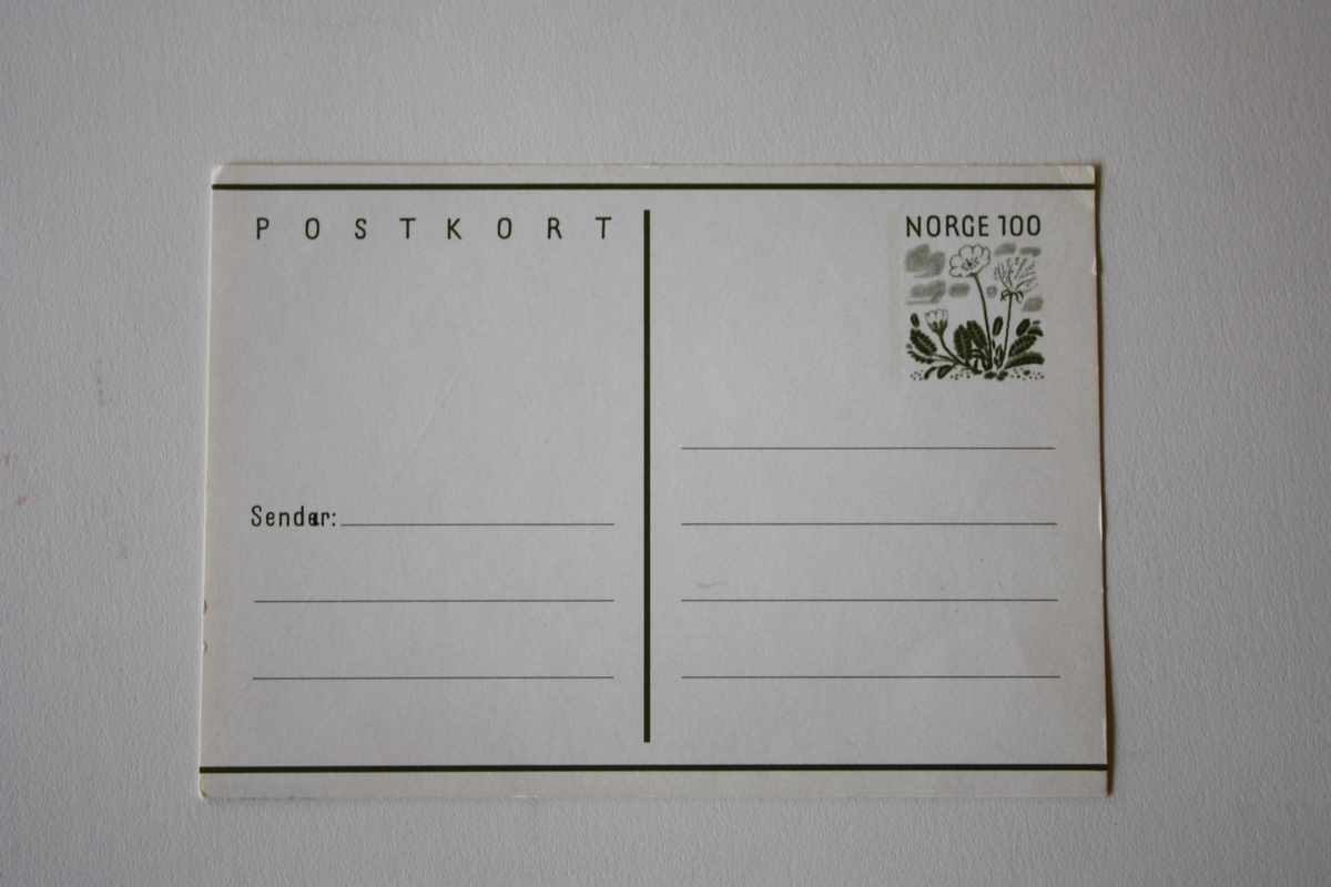Enkelt brevkort. På eine sida linjer for adressat og avsendar, ferdig trykt frimerke  med blomemotiv 100 (1kr). Blank bakside til skriving. Frankering er betalt ved kjøp av slikt kort.
Likt SUM.06808.
