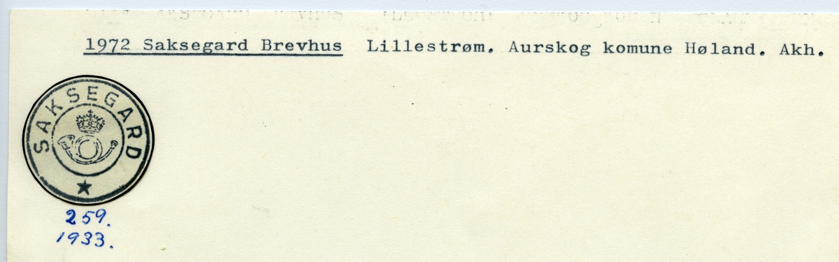 Stempelkatalog  1972 Saksegard, Aurskog kommune, Akershus