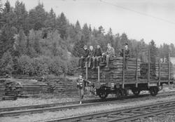 Fullastet vogn med normalsporsviller for transport til Sørum
