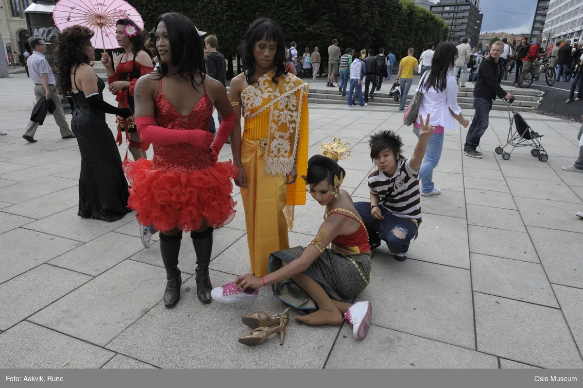 Fotodokumentasjon av Homoparaden 2008. Mennesker, opptog, parade, kostymer, kjøretøy, tilskuere, bannere, paroler, parykker, sminke, menn utkledd som kvinner.
