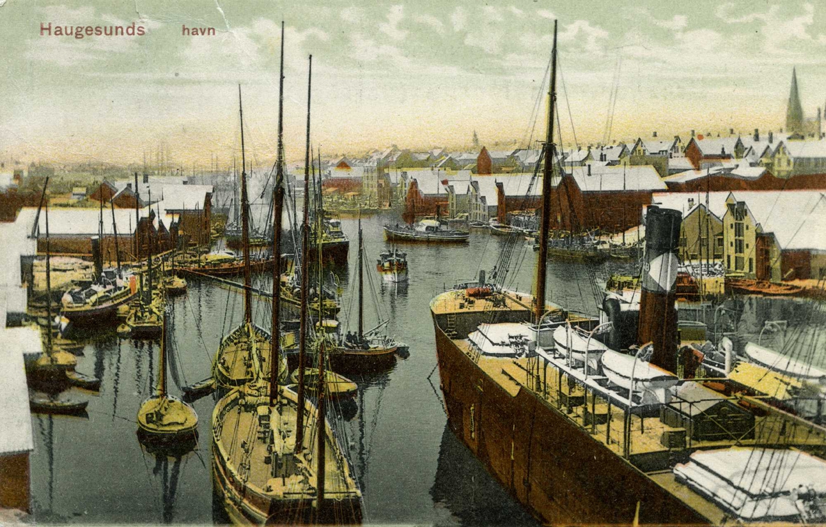 Havn - skip - seil - damp - postkort
