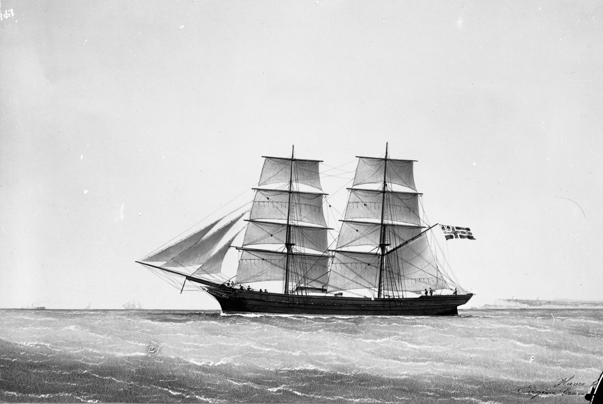 Avfotografert maleri av et seilskip i åpent farvann. Mannskapet står på dekk.
