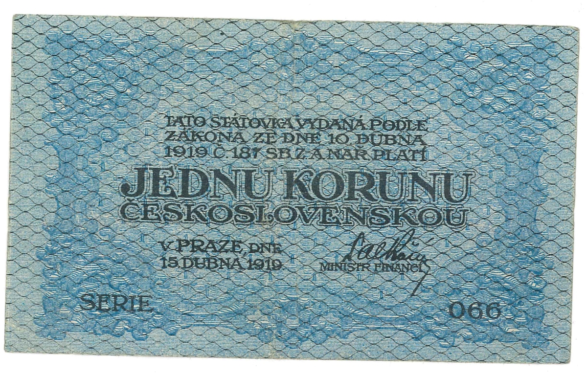 Sedel, 1 Koruna, från år 1919. Sedeln kommer ifrån Tjeckoslovakien.

Ingår i en samling sedlar, huvudsakligen från Tyskland.