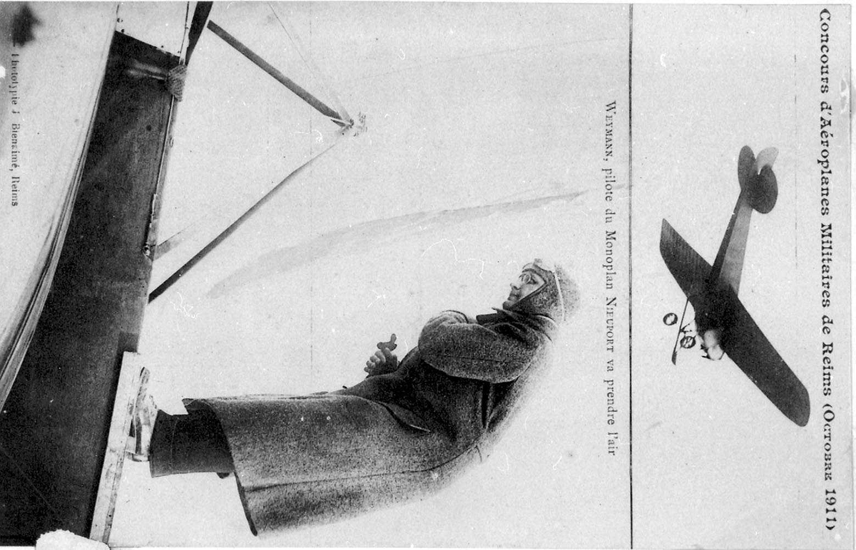 Sammensatt foto. Ett fly i lufta, Nieuport. Portrett, en person, mann står på ett fly, Nieuport.