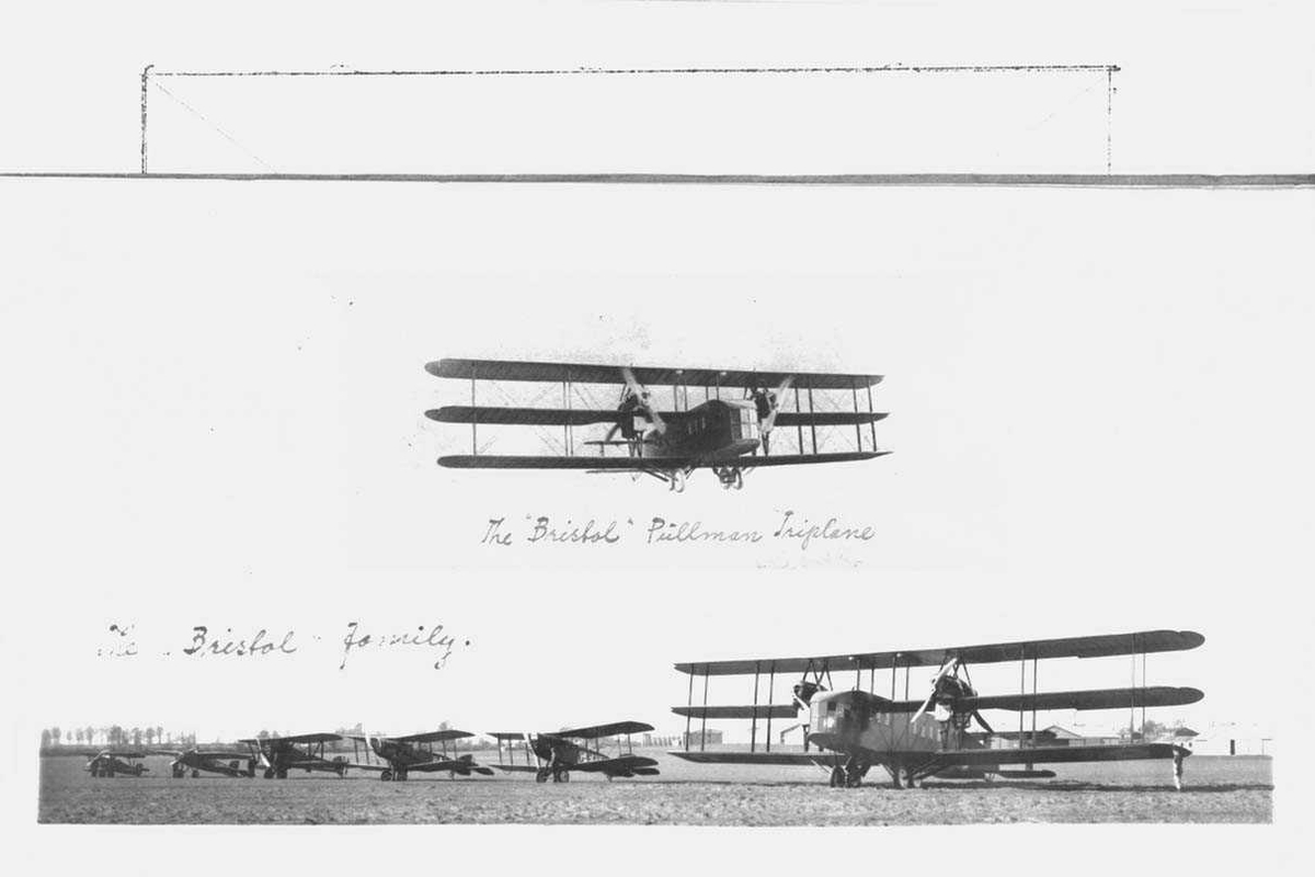 Ett i lufta og seks fly på bakken. Bristol Pullman, og Bristol Family.