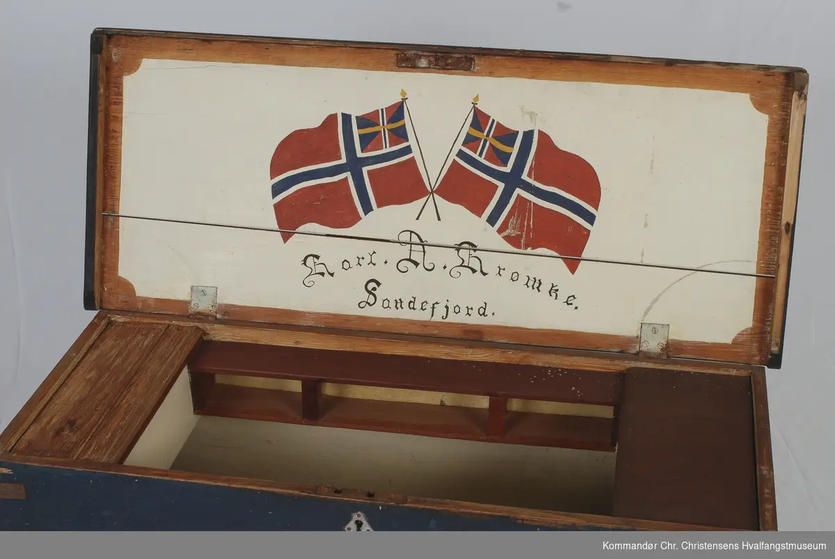 Flatt, hengslet lokk. Invendig leddik på hver kortside, hylle langs ene langside. Dekor innside av lokk: To norske flagg med unionsmerke. 