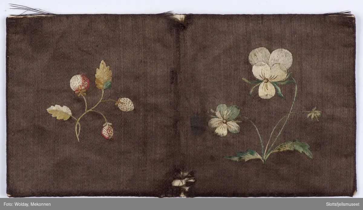 Foret med hvit silke, trukket med fiolett og påbroderte stemorsblomster og jordbær. Malt inn: "M S H 1809"