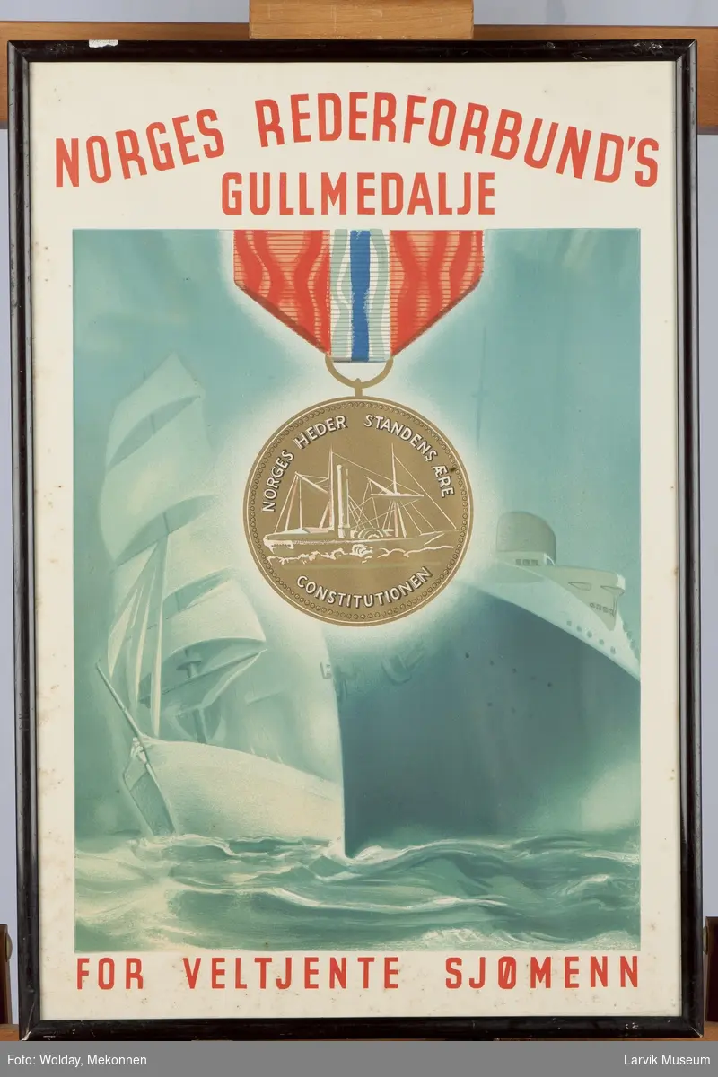 Plakat med illustrasjon av skip og en gullmedalje..