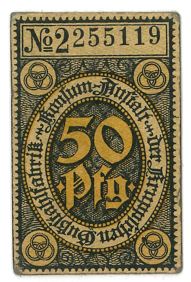 Kupong, 50 Pfennig.

Ingår i en samling sedlar, huvudsakligen från Tyskland.