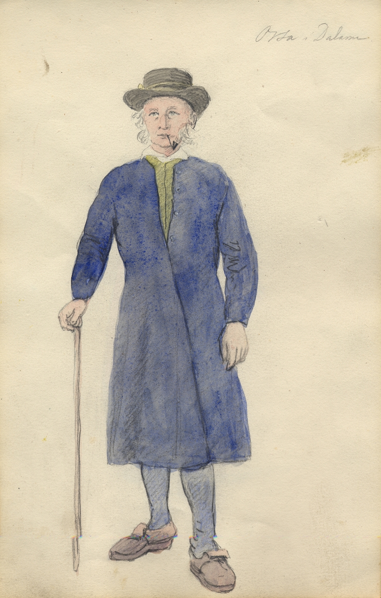 Akvarell. "Orsa i Dalarna" Man  i dräkt med käpp och pipa, stående i helfigur . Ur Skissbok av A. J.G. Virgin