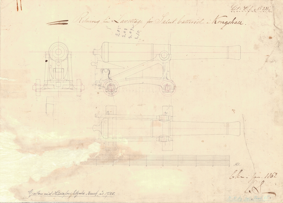 2 st ritningar till lavettage för salutbatteriet å Kungshall