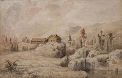 Landskap med hus og trær [Akvarell på papir]