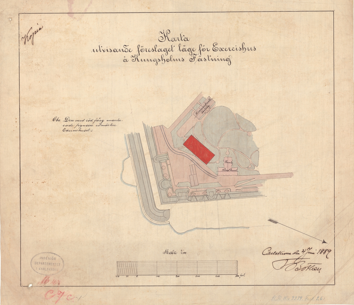 Karta utvisande föreslaget läge för exercishus å Kungsholms fästning.